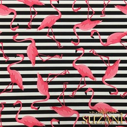 Çizgiler Üzeri Pembe Flamingo Desenli Kumaş