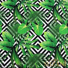 İç İçe Kareler Üzeri Tropikal Yaprak Desenli Kumaş