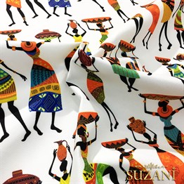 Beyaz Zemin Afrikalı Kadınlar Desen Kumaş