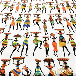 Beyaz Zemin Afrikalı Kadınlar Desen Kumaş